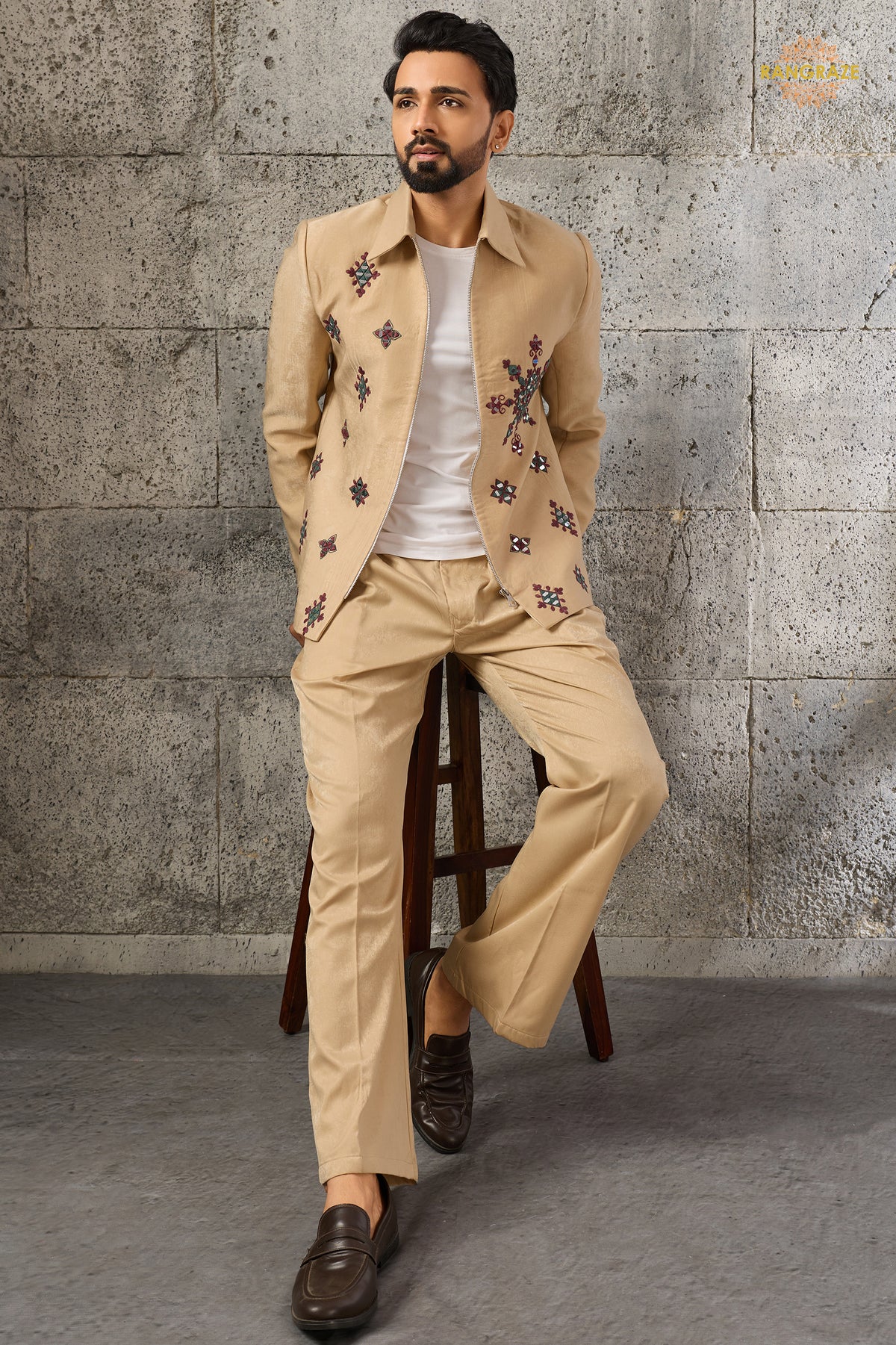 Beige Embroidered Velvet Men Jacket and Pant Set with Mirror Work