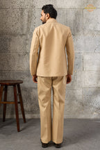 Beige Embroidered Velvet Men Jacket and Pant Set with Mirror Work