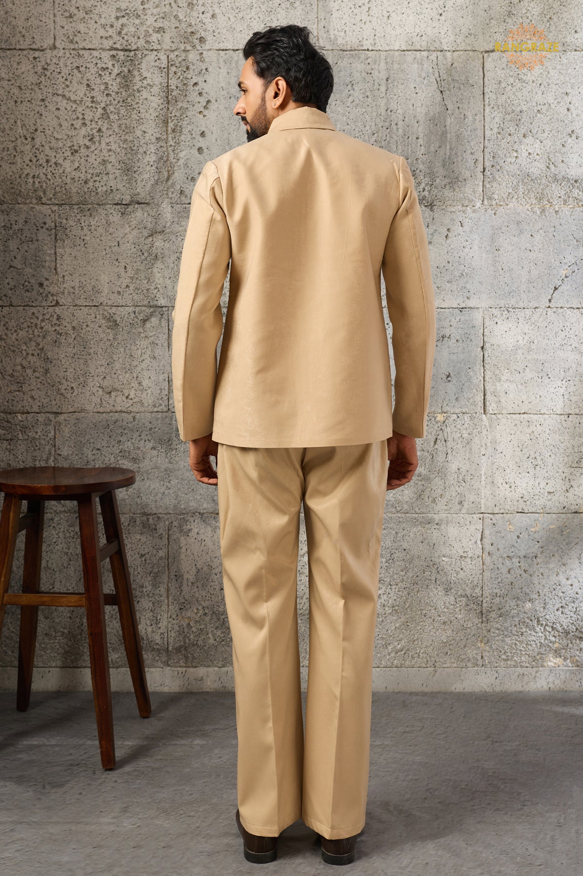 Beige Embroidered Velvet Men Jacket and Pant Set with Mirror Work