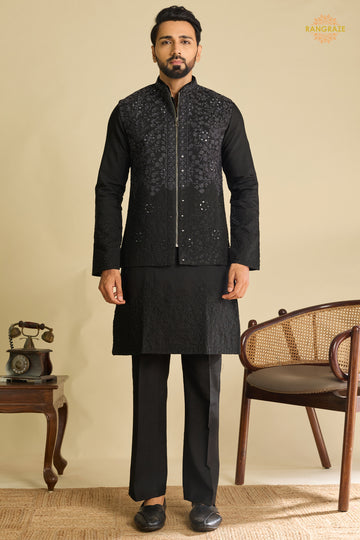 Black Embroidered Art Silk Men Kurta Pajama With Jacket Set