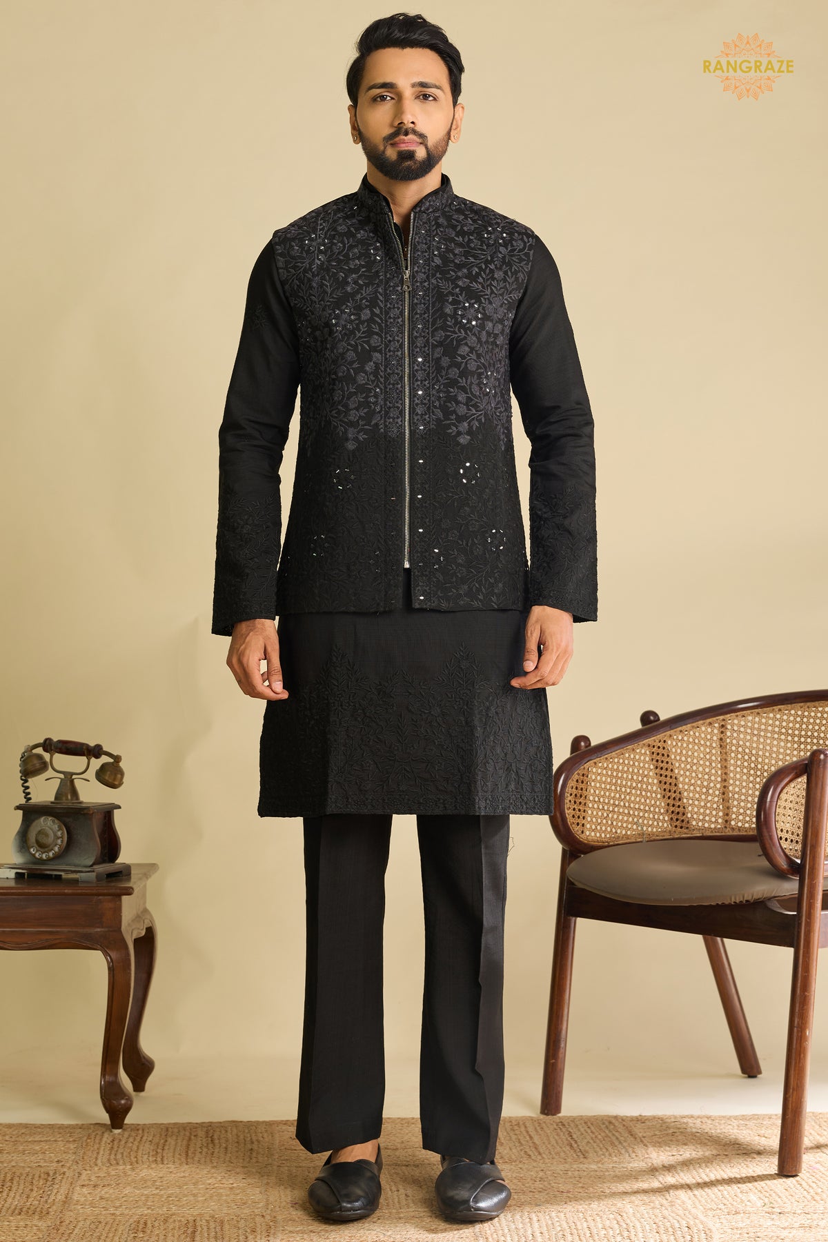 Black Embroidered Art Silk Men Kurta Pajama With Jacket Set