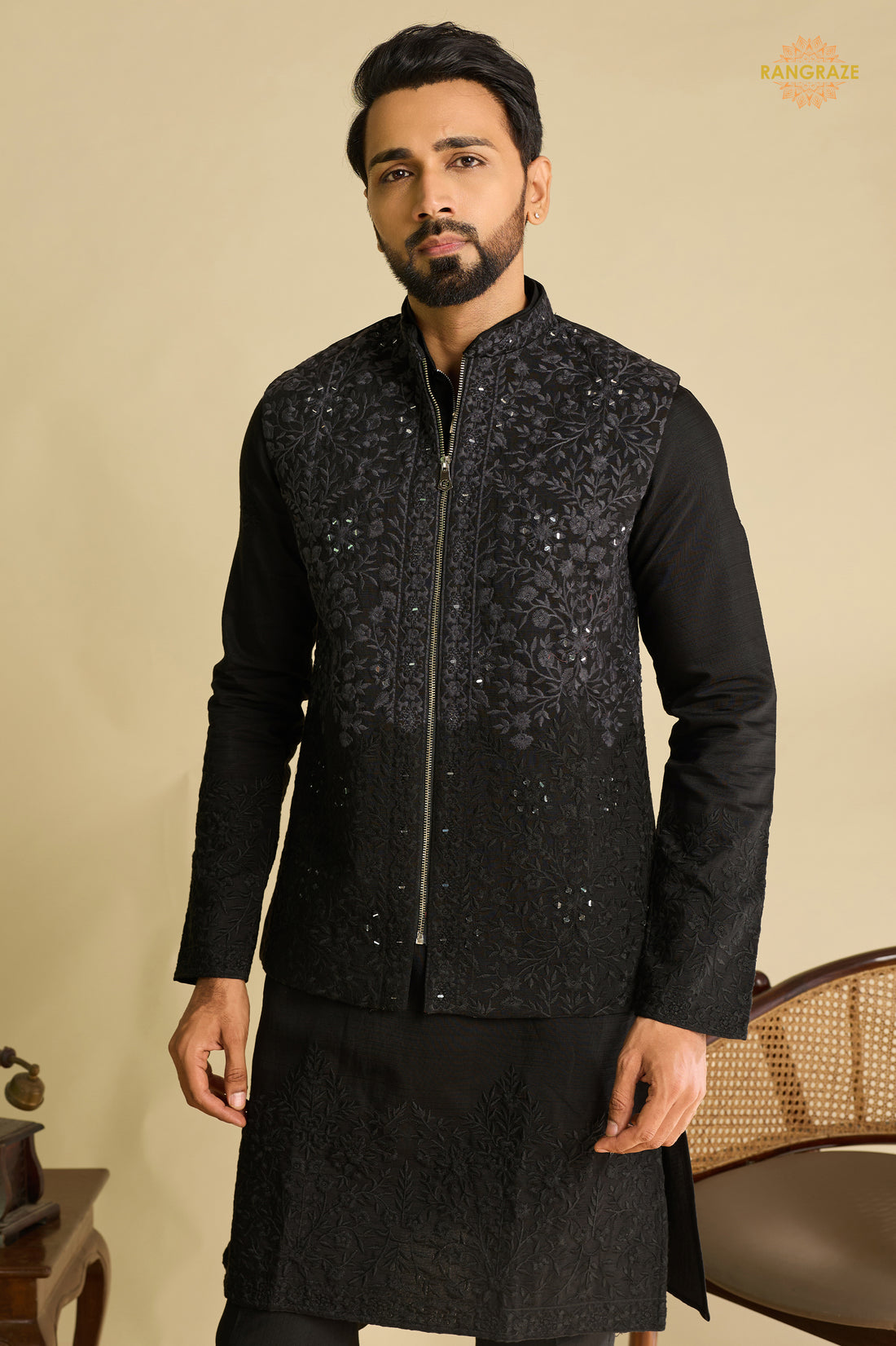 Black Embroidered Art Silk Men Kurta Pajama With Jacket Set