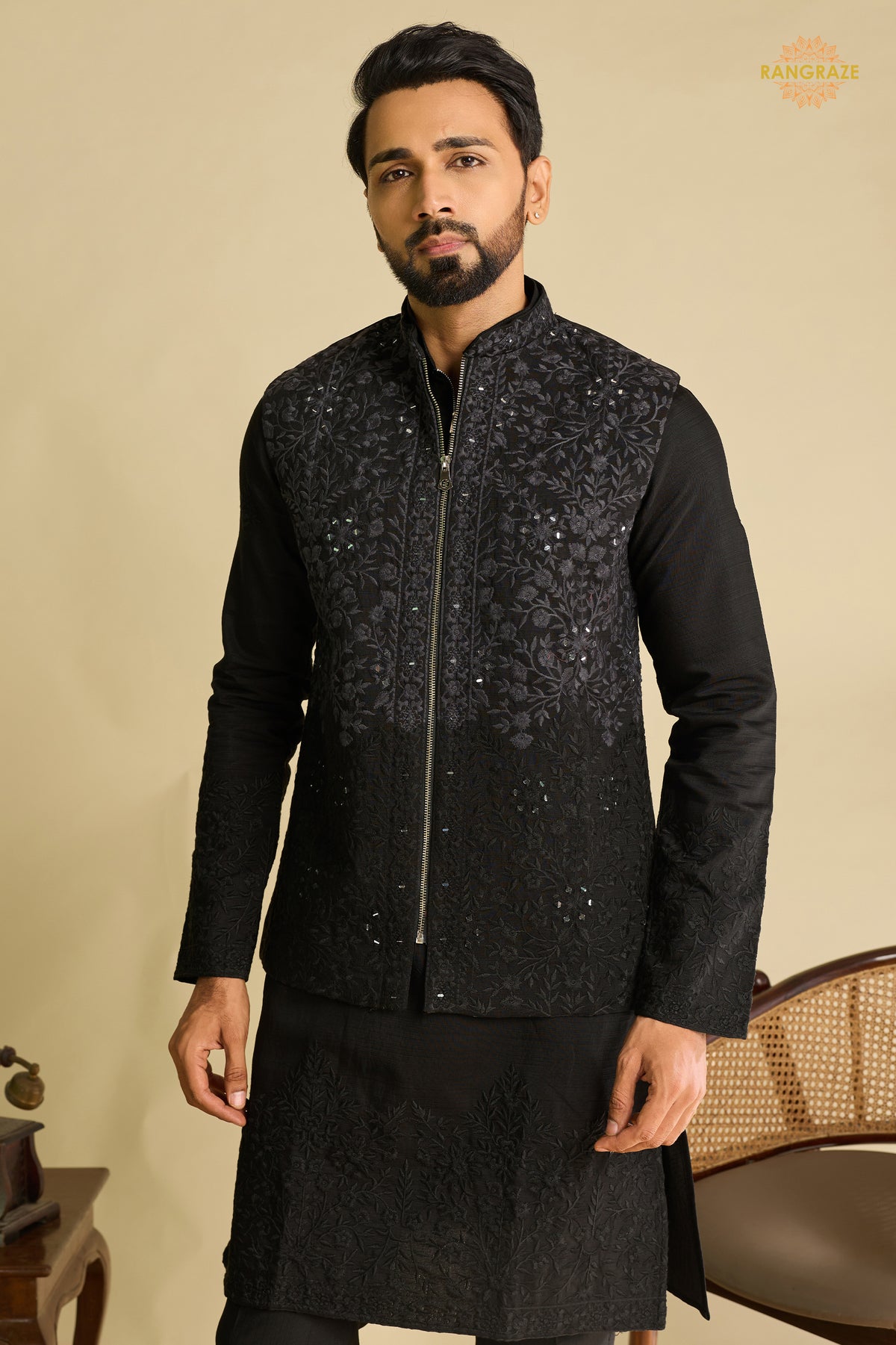 Black Embroidered Art Silk Men Kurta Pajama With Jacket Set