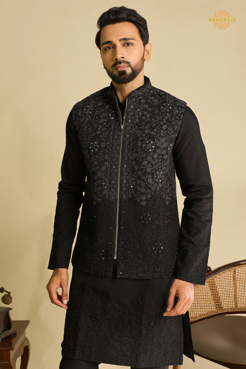 Black Embroidered Art Silk Men Kurta Pajama With Jacket Set