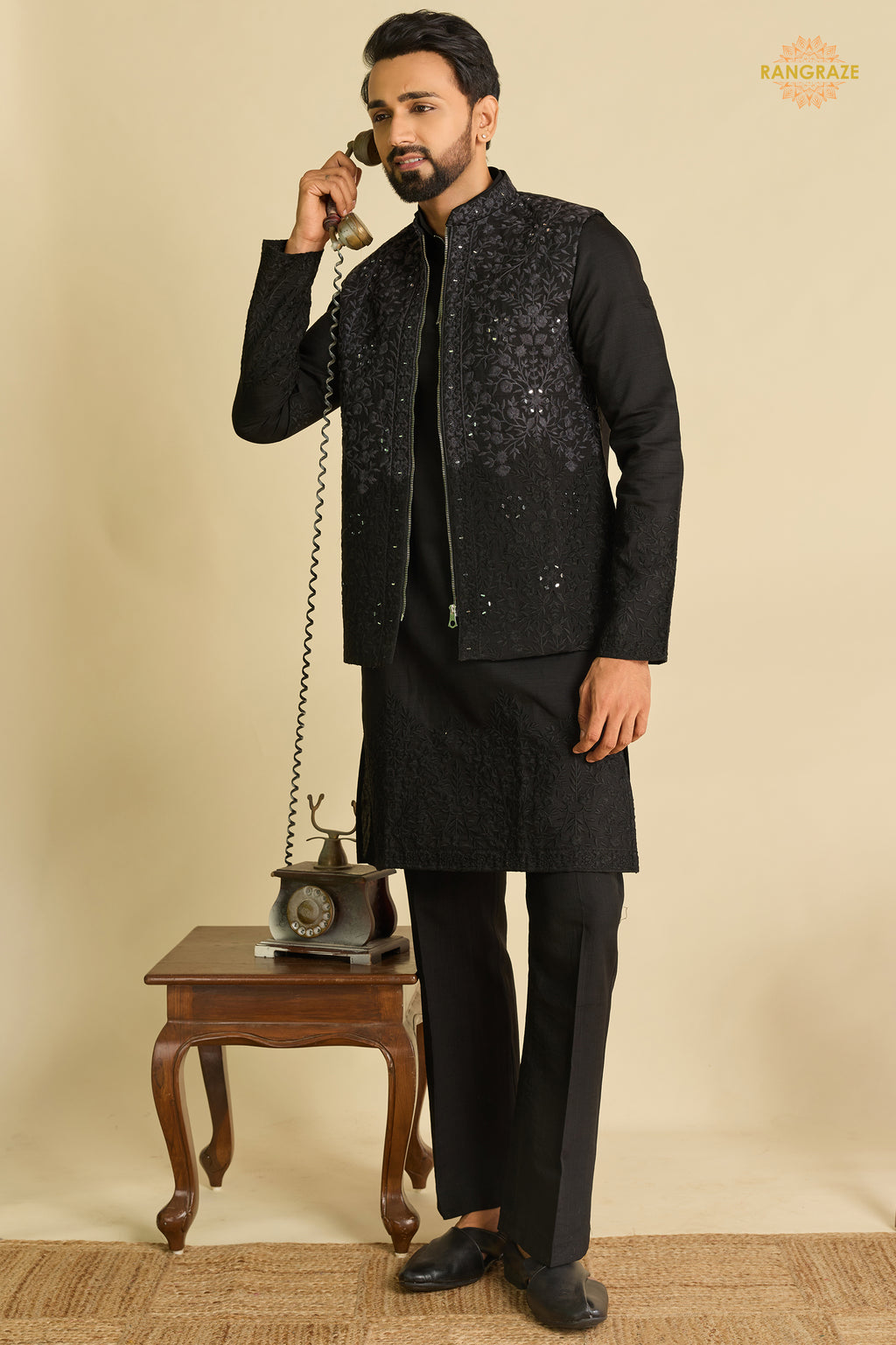 Black Embroidered Art Silk Men Kurta Pajama With Jacket Set