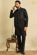 Black Embroidered Art Silk Men Kurta Pajama With Jacket Set