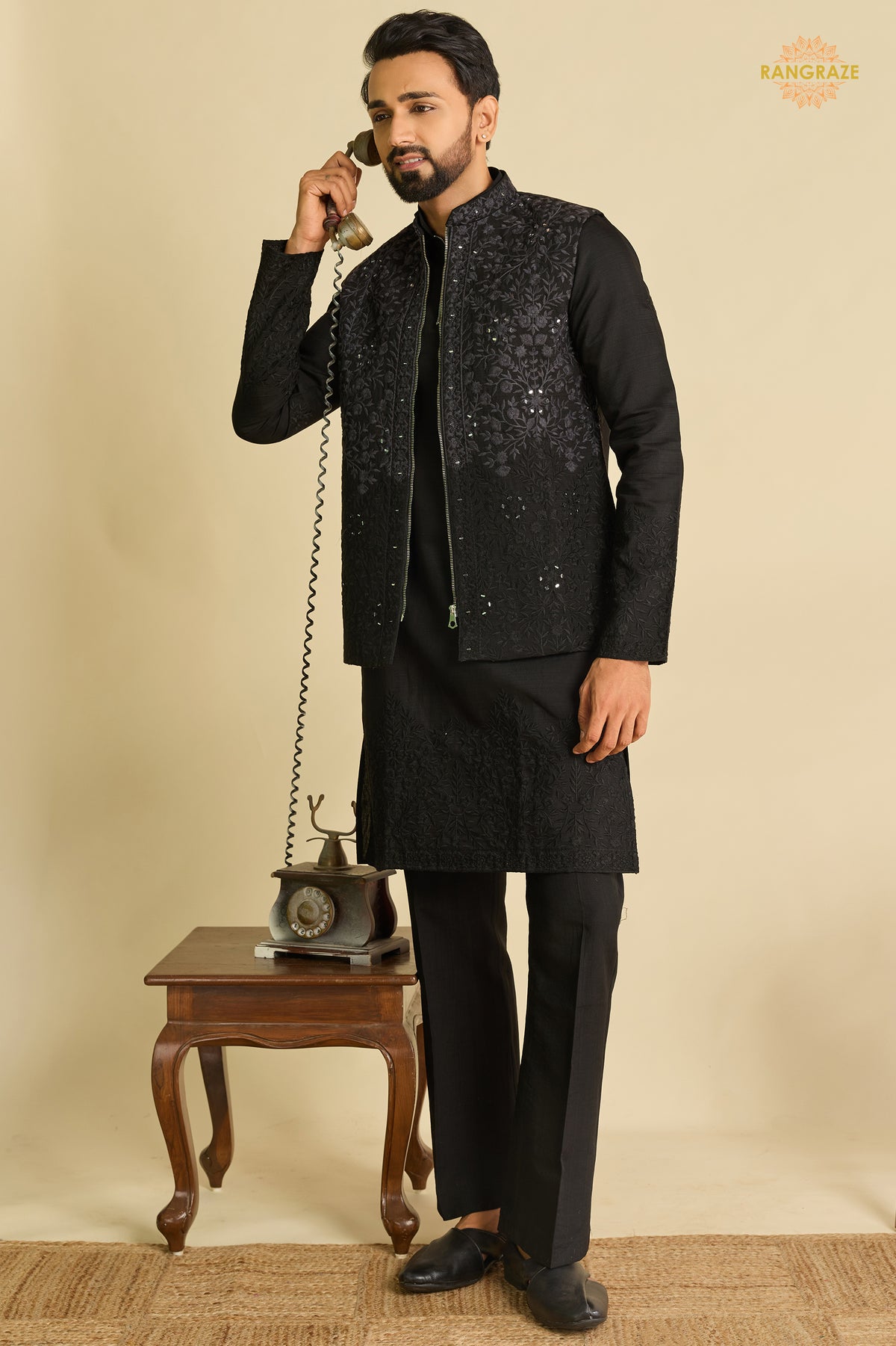 Black Embroidered Art Silk Men Kurta Pajama With Jacket Set