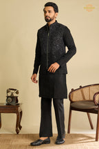Black Embroidered Art Silk Men Kurta Pajama With Jacket Set