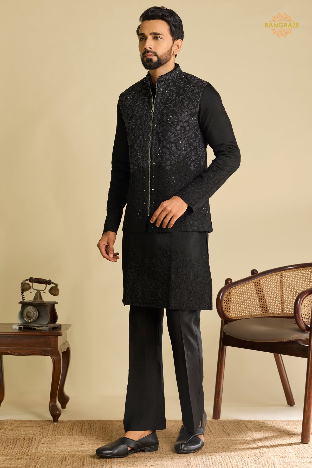 Black Embroidered Art Silk Men Kurta Pajama With Jacket Set