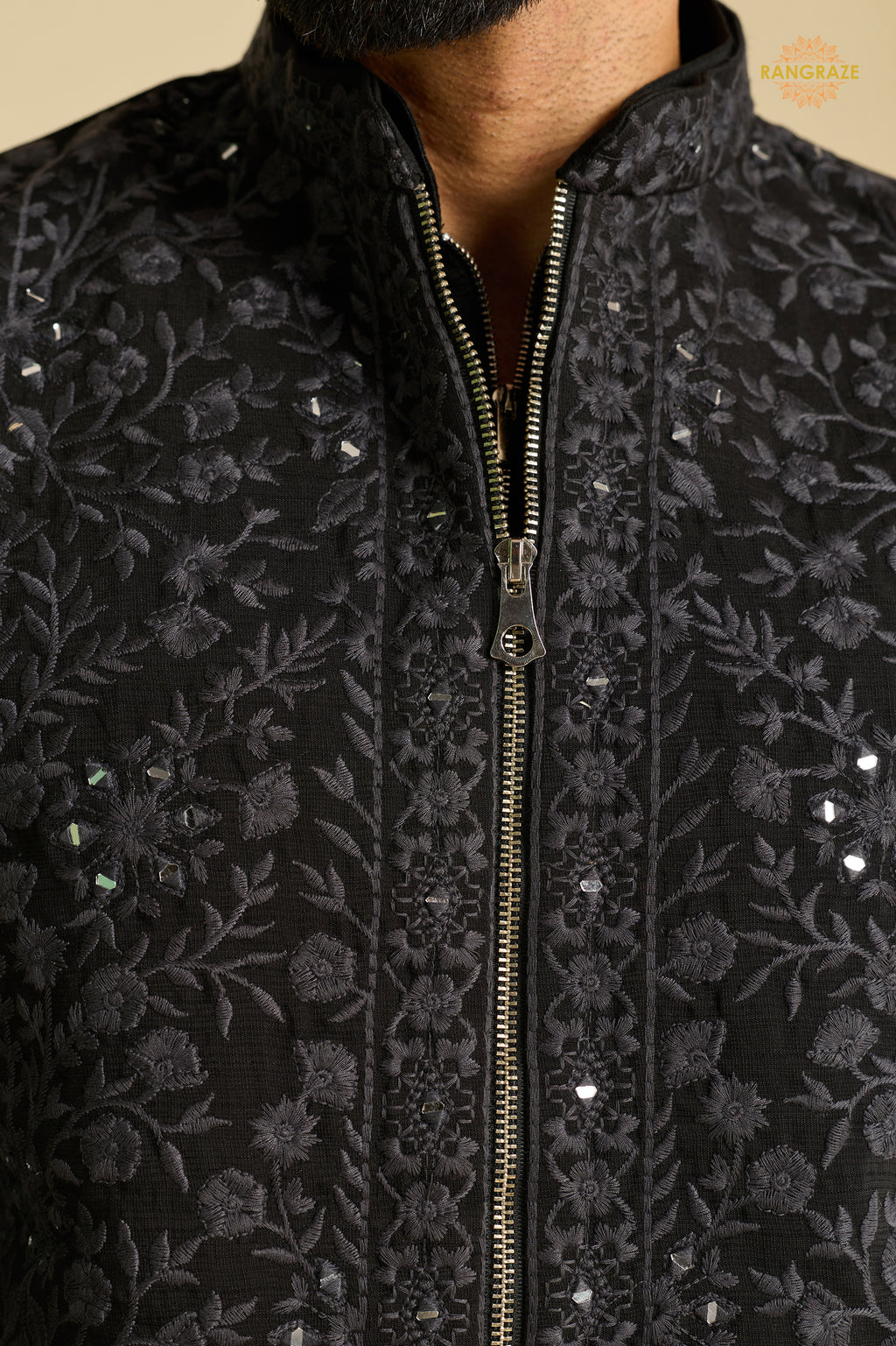 Black Embroidered Art Silk Men Kurta Pajama With Jacket Set