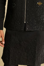 Black Embroidered Art Silk Men Kurta Pajama With Jacket Set