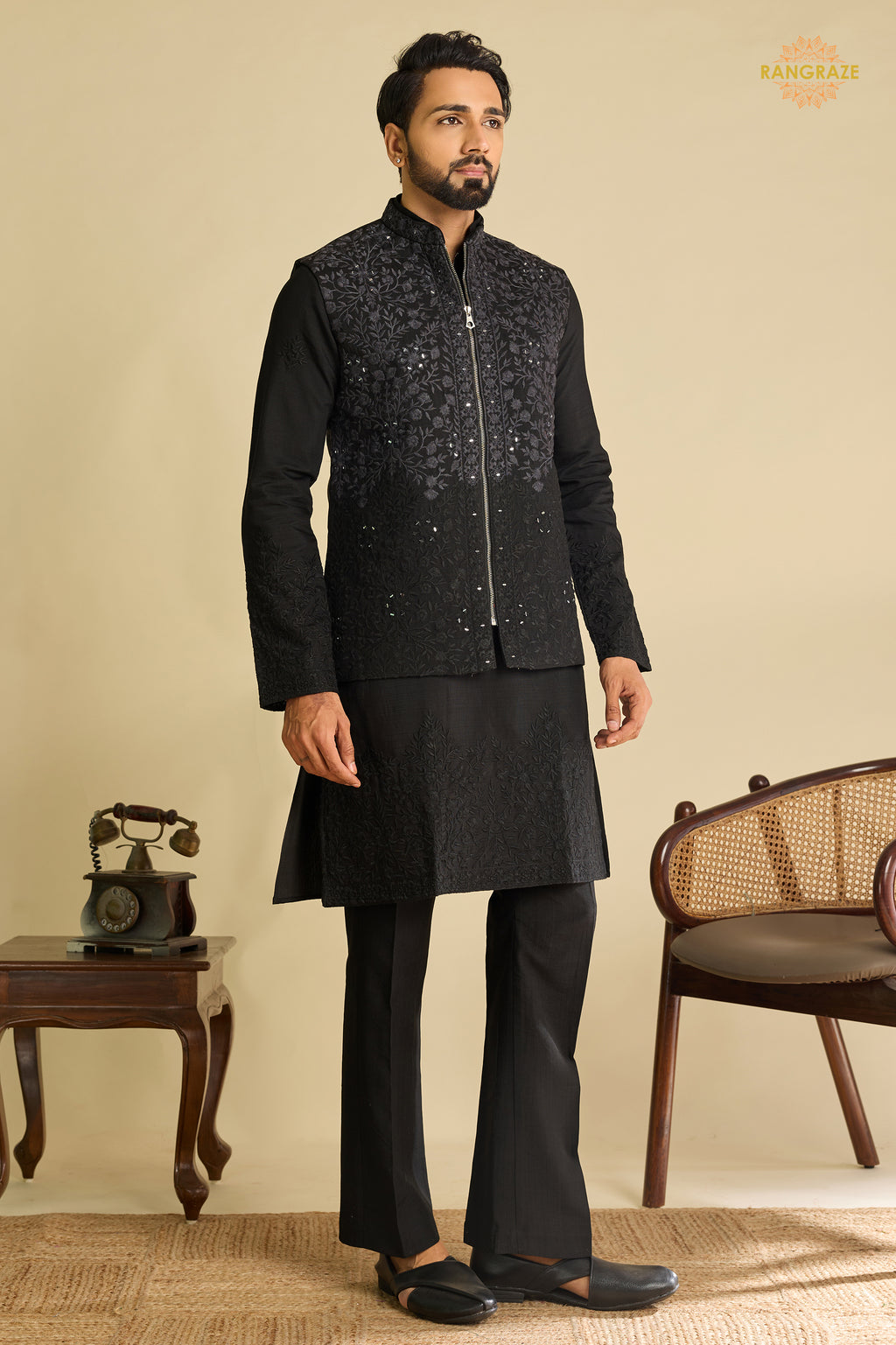 Black Embroidered Art Silk Men Kurta Pajama With Jacket Set