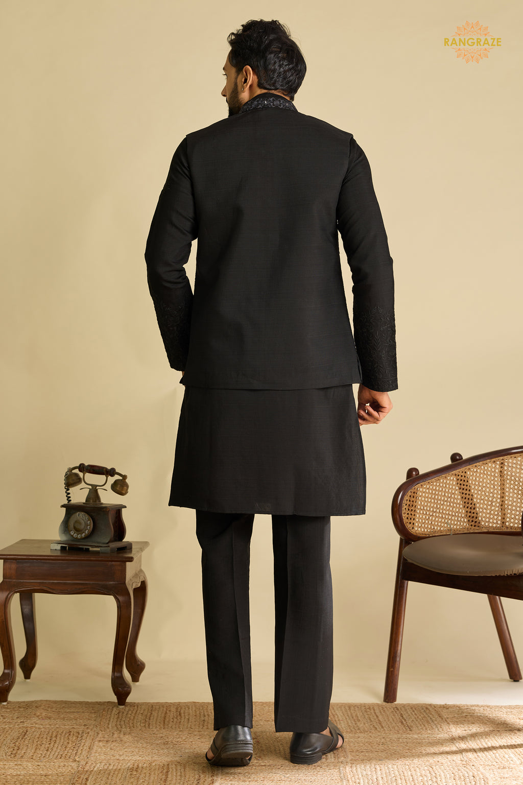 Black Embroidered Art Silk Men Kurta Pajama With Jacket Set