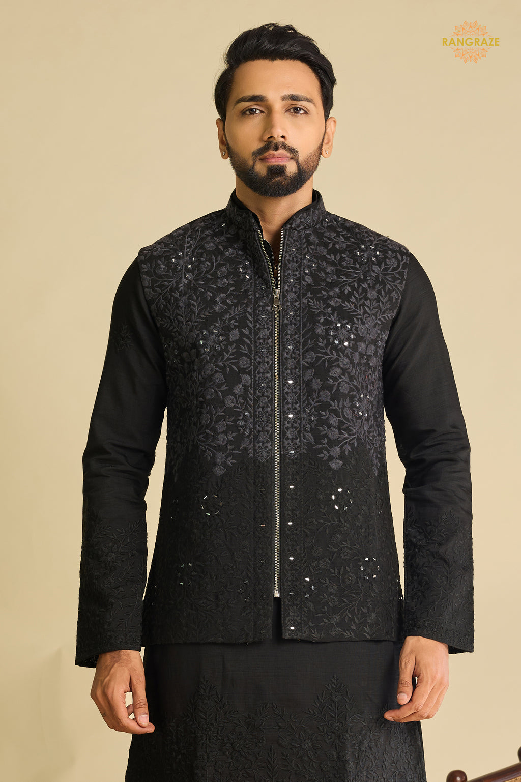Black Embroidered Art Silk Men Kurta Pajama With Jacket Set