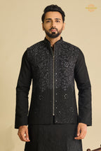 Black Embroidered Art Silk Men Kurta Pajama With Jacket Set