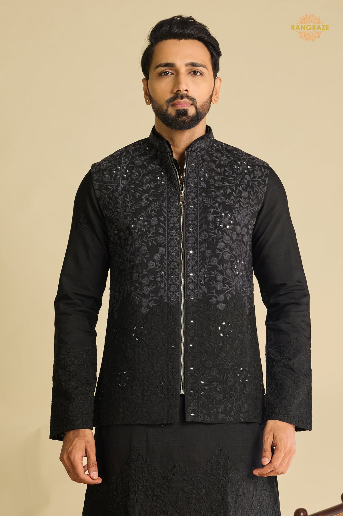 Black Embroidered Art Silk Men Kurta Pajama With Jacket Set