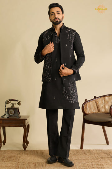 Black Embroidered Art Silk Men Kurta Pajama With Jacket