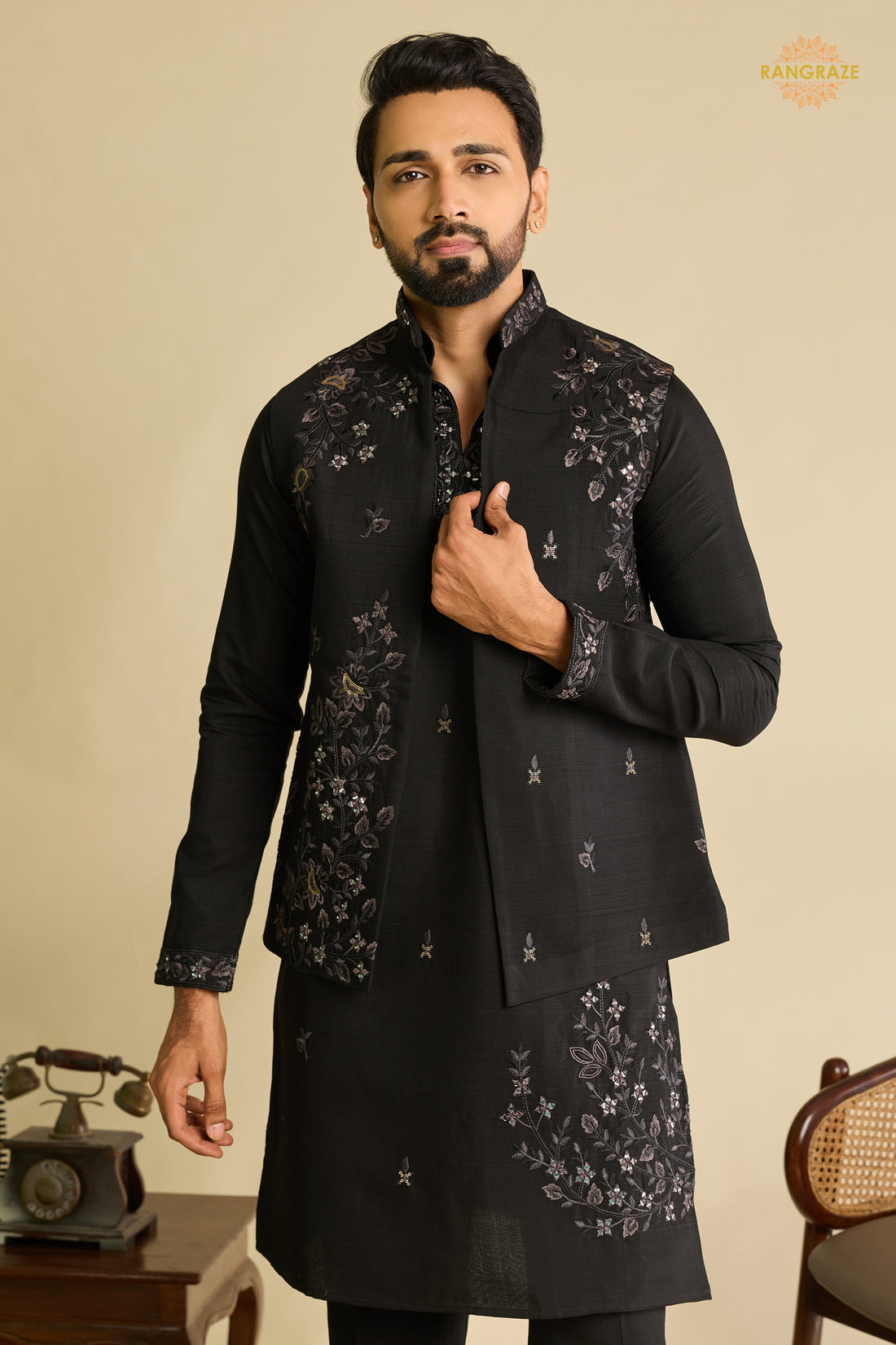 Black Embroidered Art Silk Men Kurta Pajama With Jacket