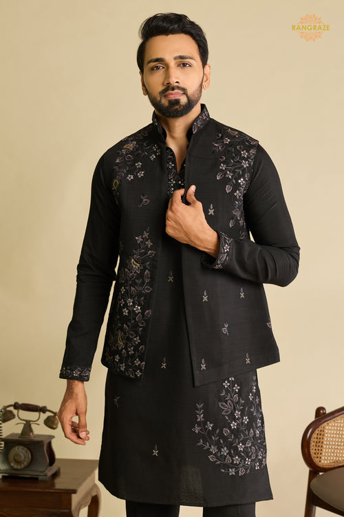 Black Embroidered Art Silk Men Kurta Pajama With Jacket