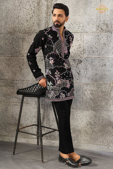 Black Embroidered Japanese Men Kurta Pajama