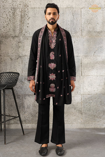 Black Embroidered Japanese Men Kurta Pajama With Dupatta