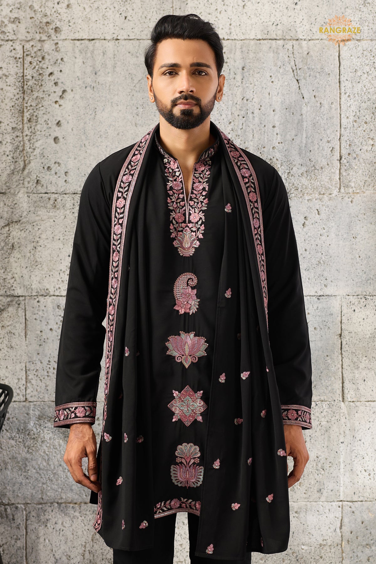 Black Embroidered Japanese Men Kurta Pajama With Dupatta