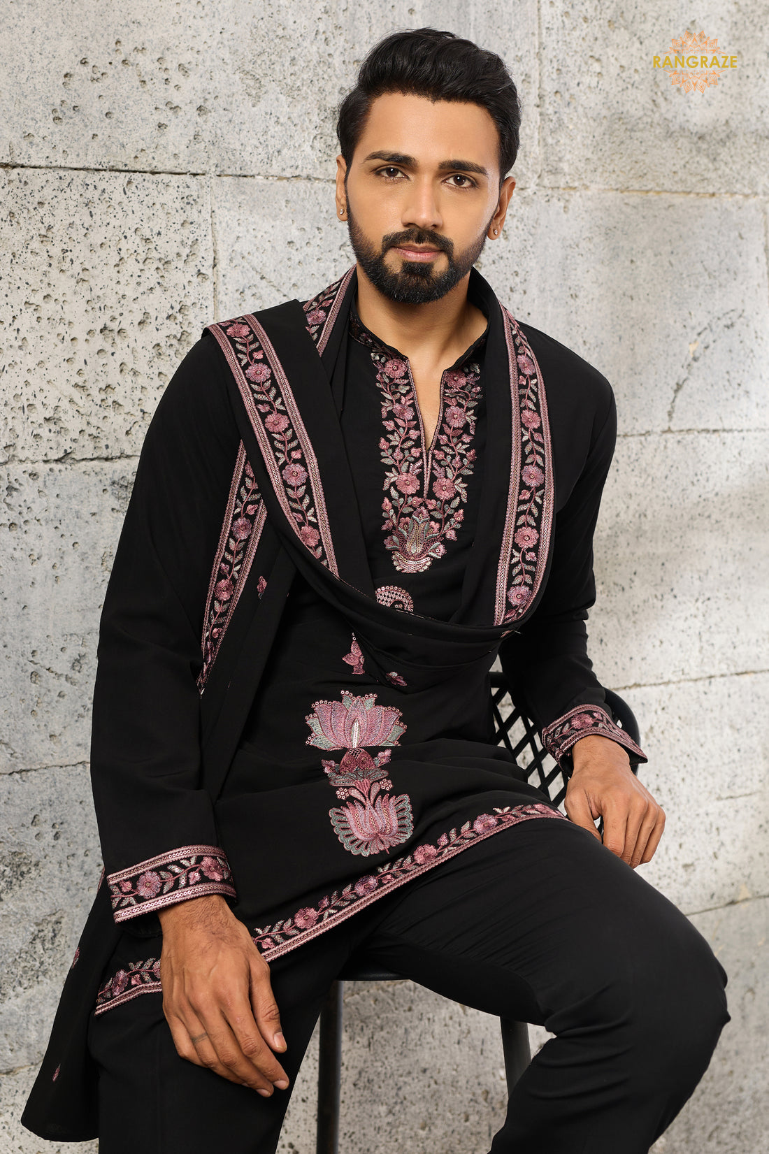 Black Embroidered Japanese Men Kurta Pajama With Dupatta