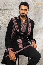 Black Embroidered Japanese Men Kurta Pajama With Dupatta