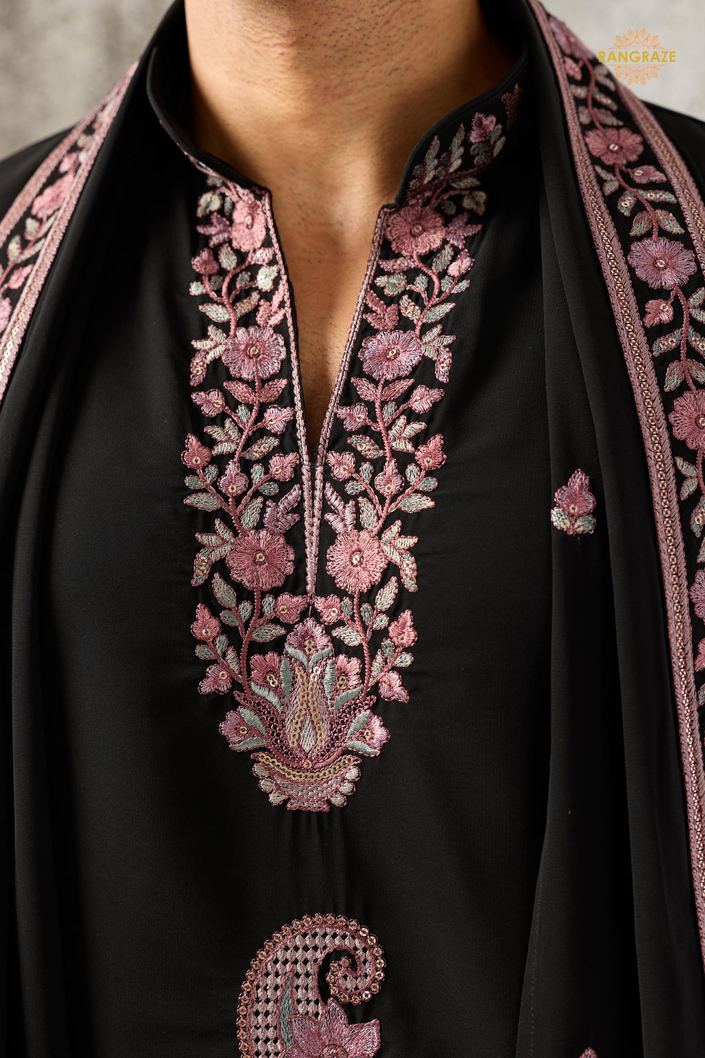 Black Embroidered Japanese Men Kurta Pajama With Dupatta