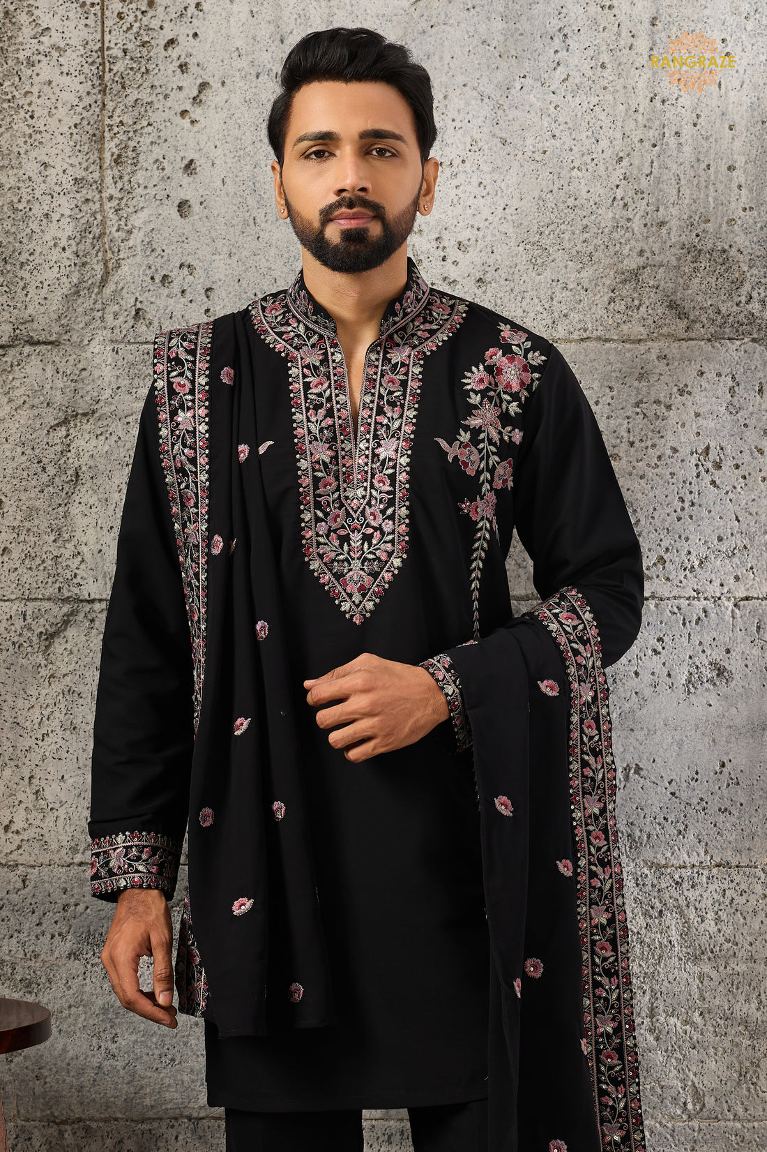 Black Embroidered Japanese Men Kurta Pajama With Dupatta