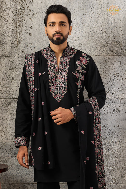 Black Embroidered Japanese Men Kurta Pajama With Dupatta