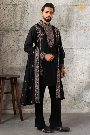 Black Embroidered Japanese Men Kurta Pajama With Dupatta