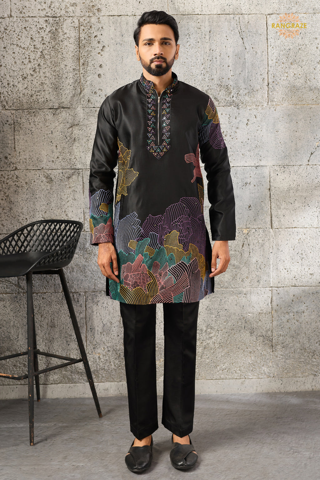 Black Embroidered Silk Men Kurta Pajama