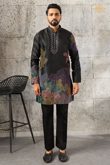 Black Embroidered Silk Men Kurta Pajama