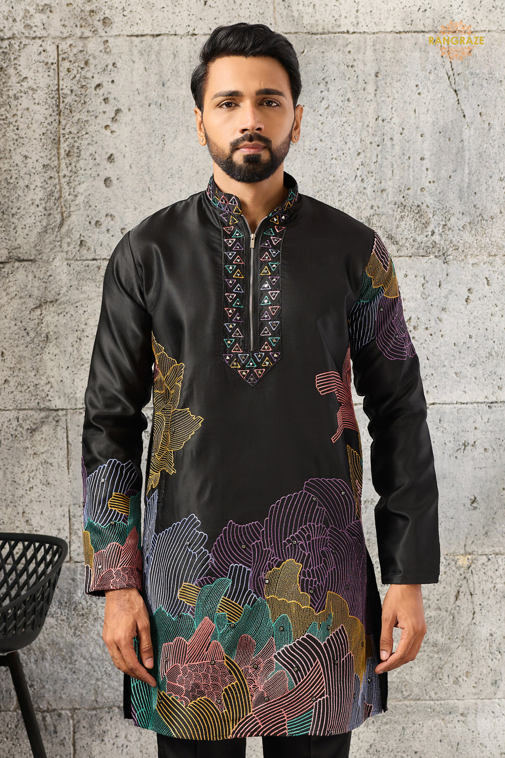 Black Embroidered Silk Men Kurta Pajama