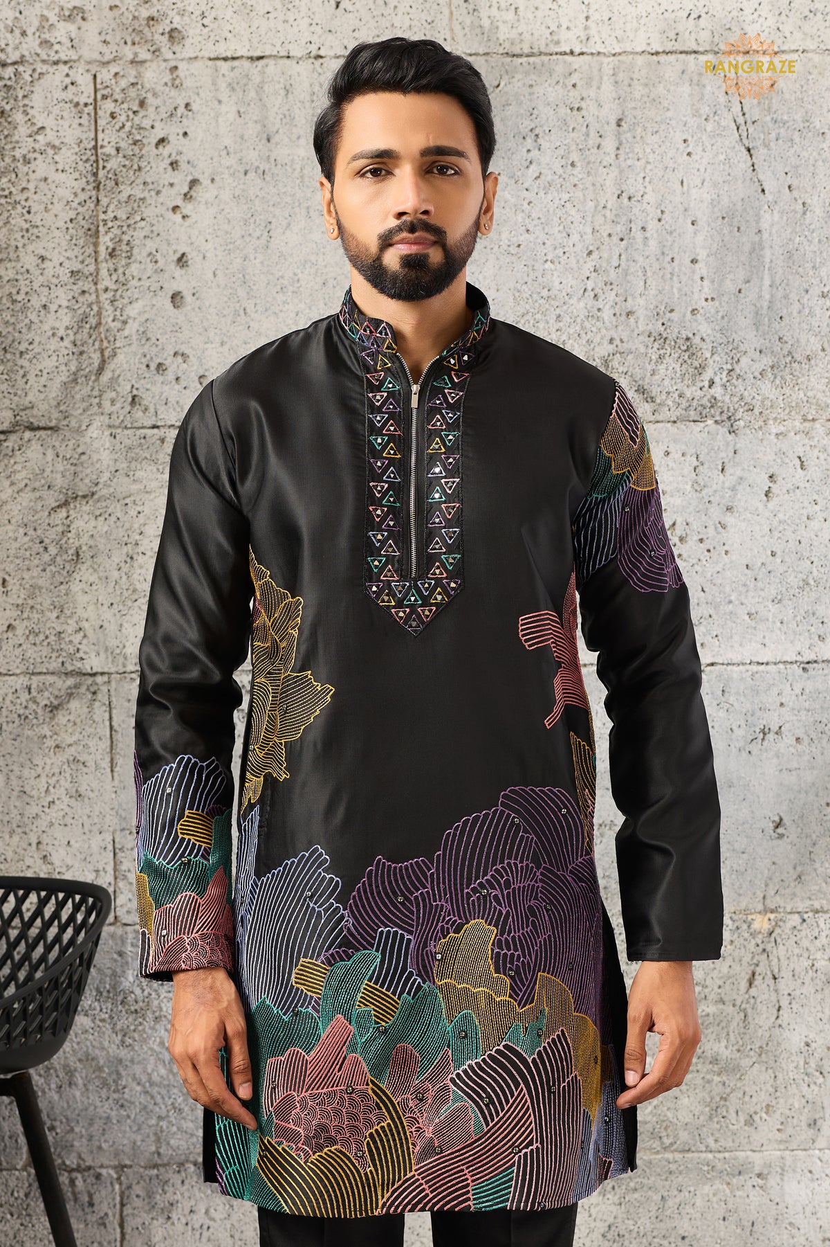 Black Embroidered Silk Men Kurta Pajama