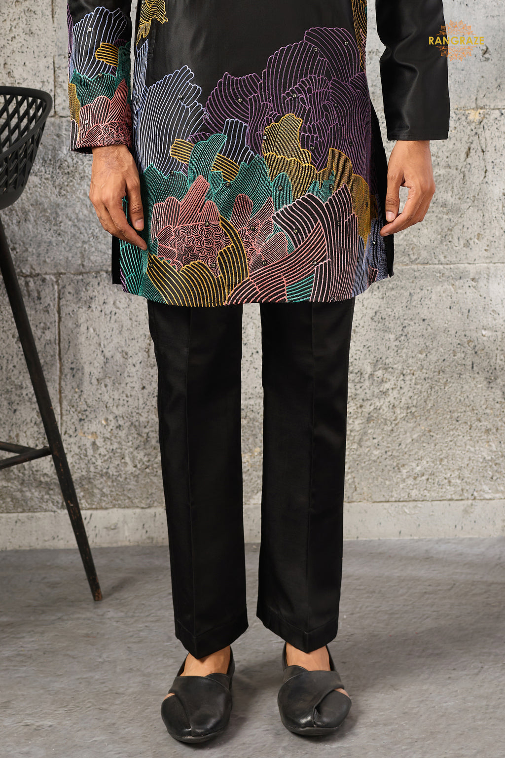 Black Embroidered Silk Men Kurta Pajama
