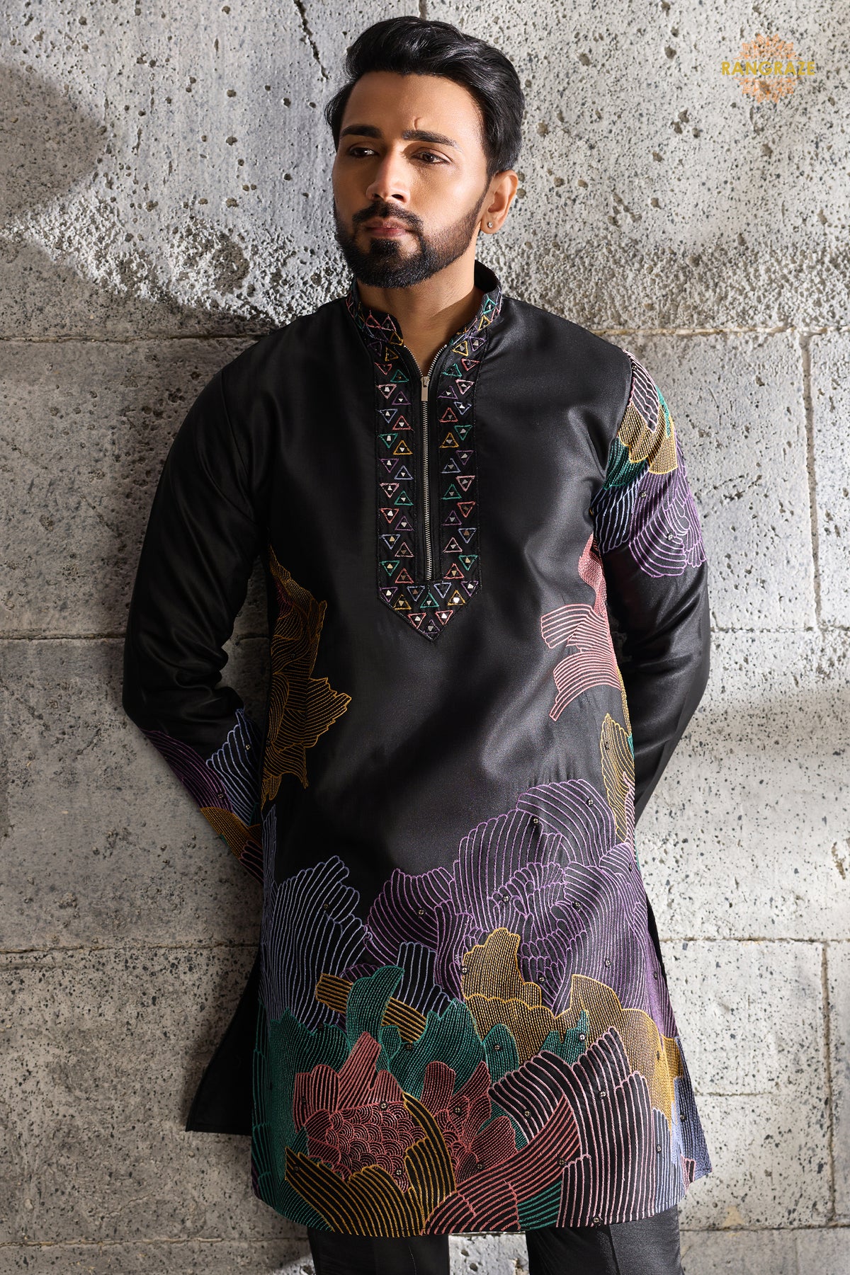 Black Embroidered Silk Men Kurta Pajama