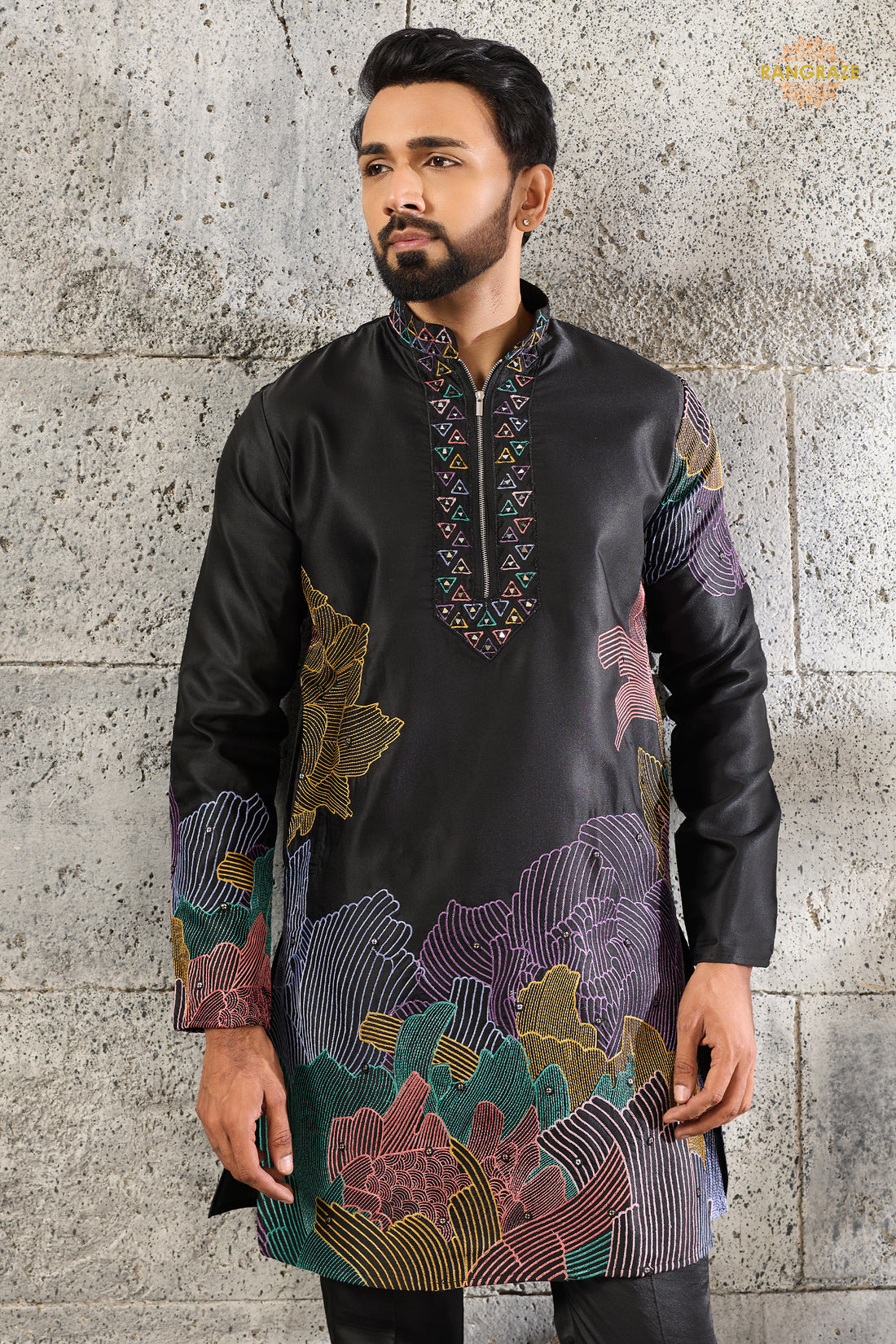 Black Embroidered Silk Men Kurta Pajama