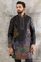 Black Embroidered Silk Men Kurta Pajama