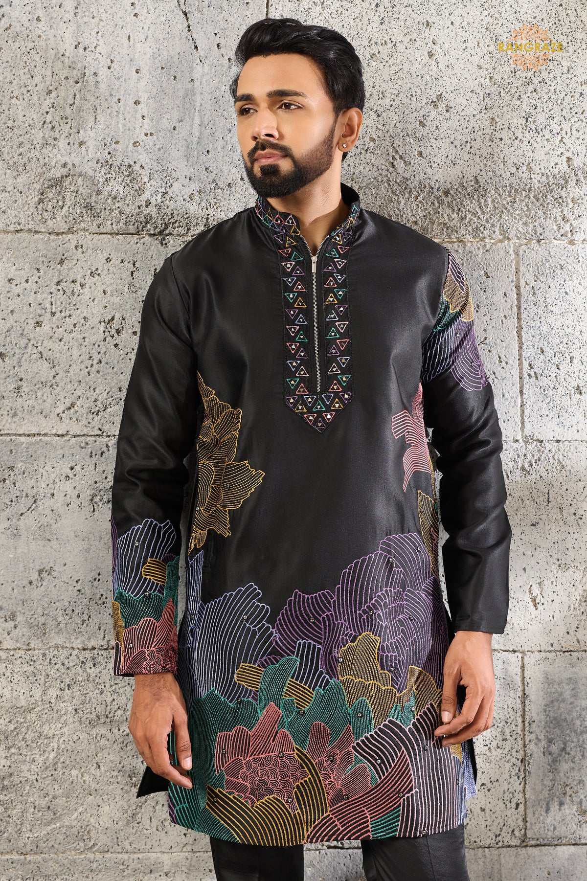 Black Embroidered Silk Men Kurta Pajama