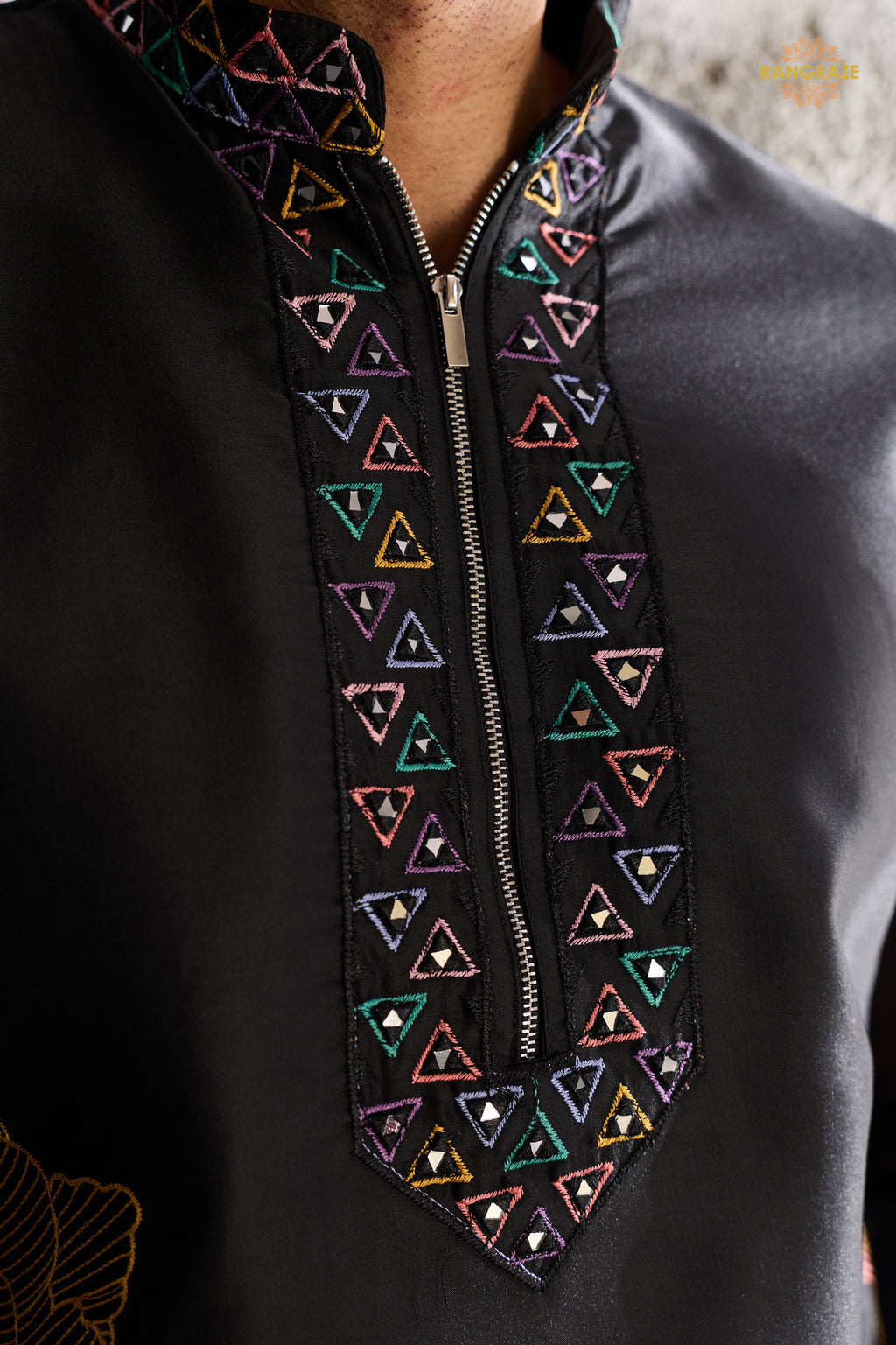 Black Embroidered Silk Men Kurta Pajama