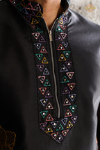 Black Embroidered Silk Men Kurta Pajama