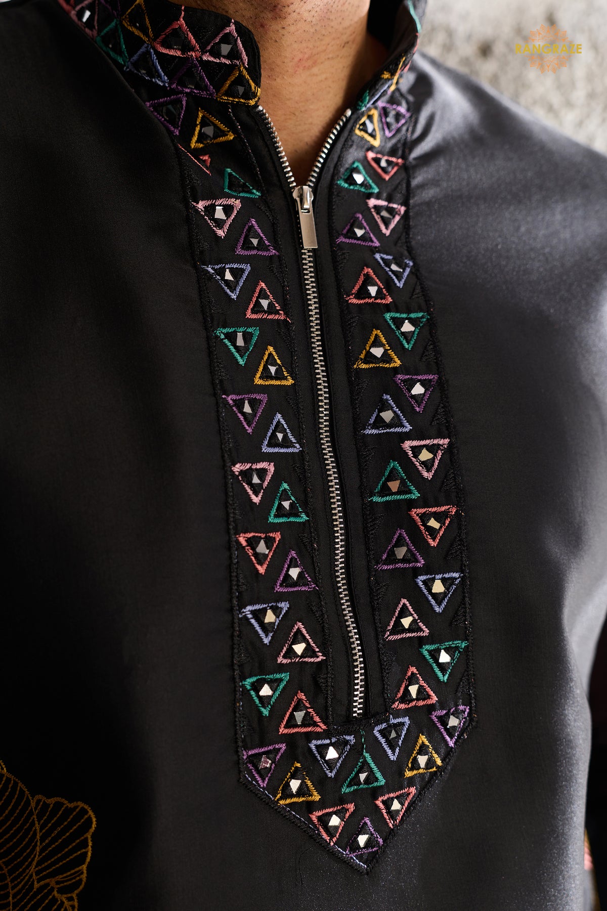 Black Embroidered Silk Men Kurta Pajama