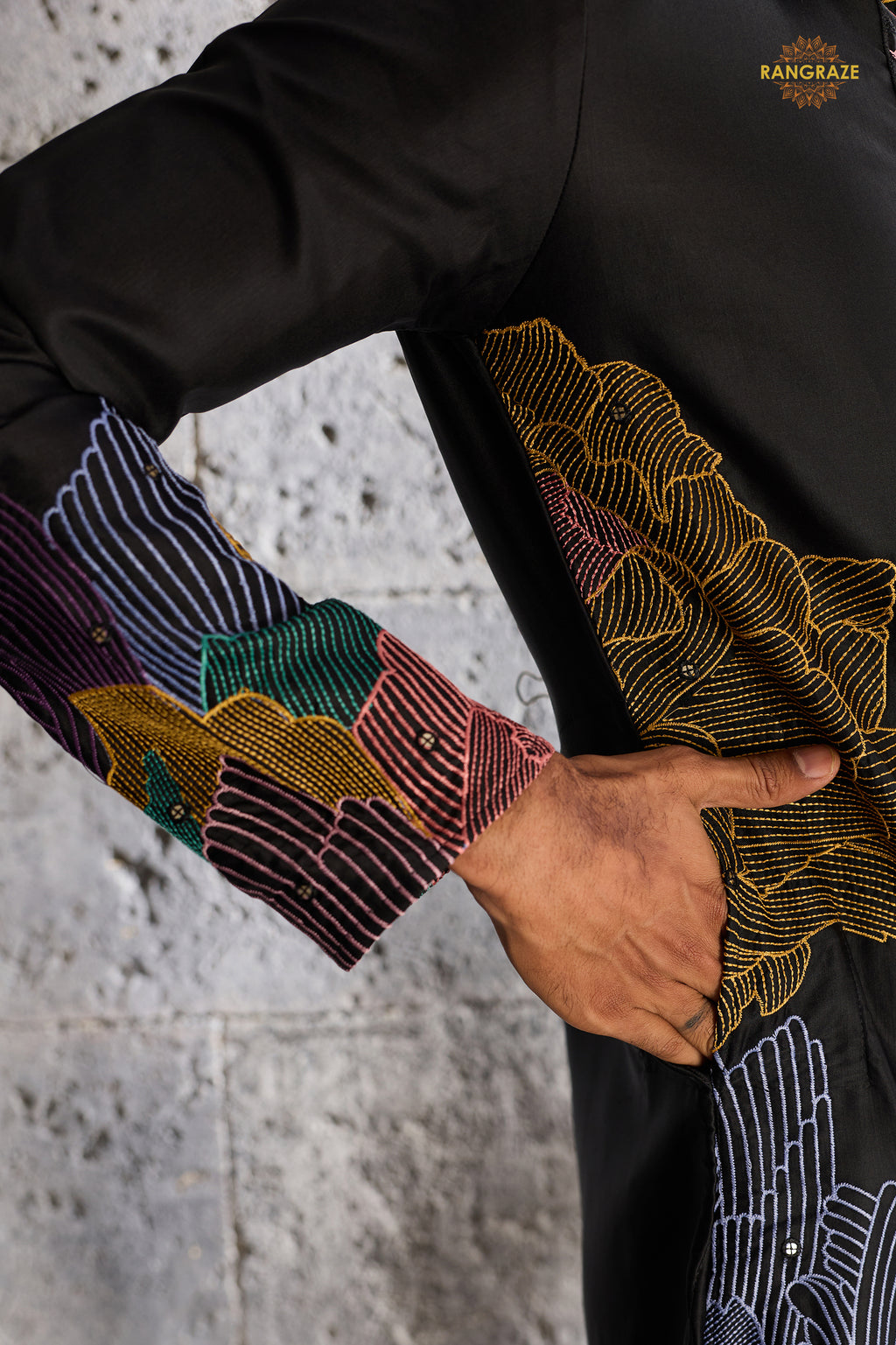 Black Embroidered Silk Men Kurta Pajama