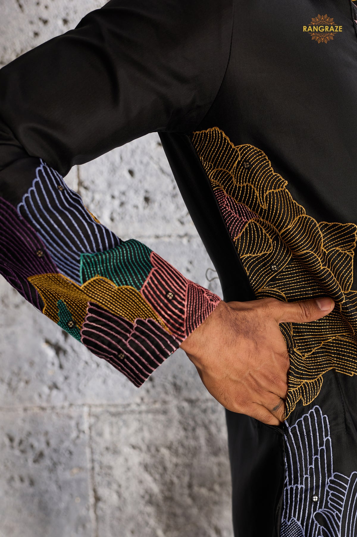 Black Embroidered Silk Men Kurta Pajama