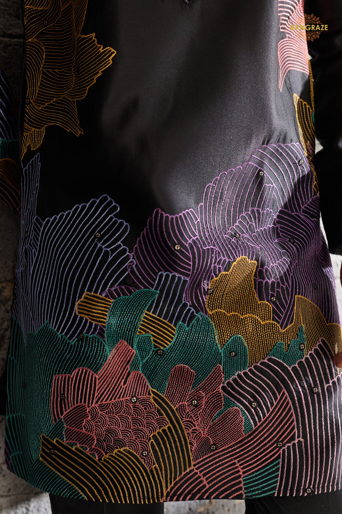 Black Embroidered Silk Men Kurta Pajama