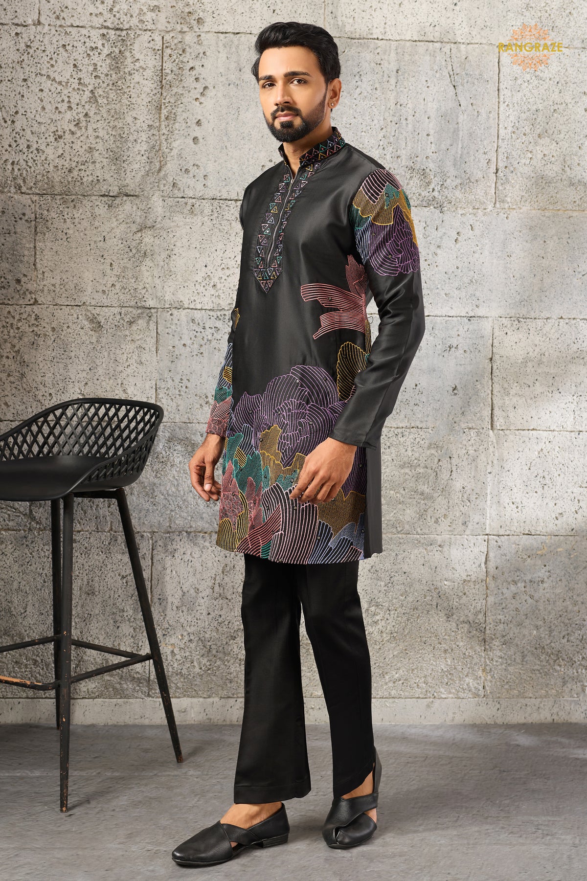 Black Embroidered Silk Men Kurta Pajama