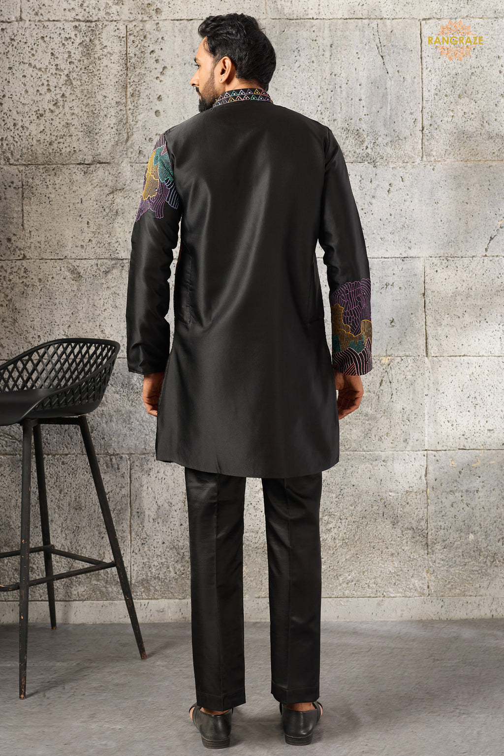 Black Embroidered Silk Men Kurta Pajama
