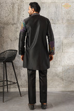 Black Embroidered Silk Men Kurta Pajama